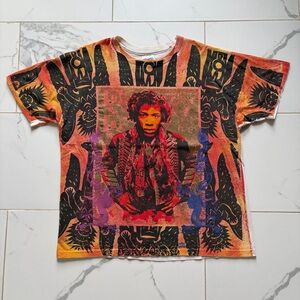 Vintage 1993 Jimi Hendrix All Over Print Rock Express T Shirt Tee XL Orange AOP